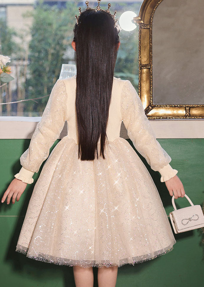 Lässiges Champagner Stehkragen Nagelperlen Tüll Kinder Langes Kleid Herbst QV020