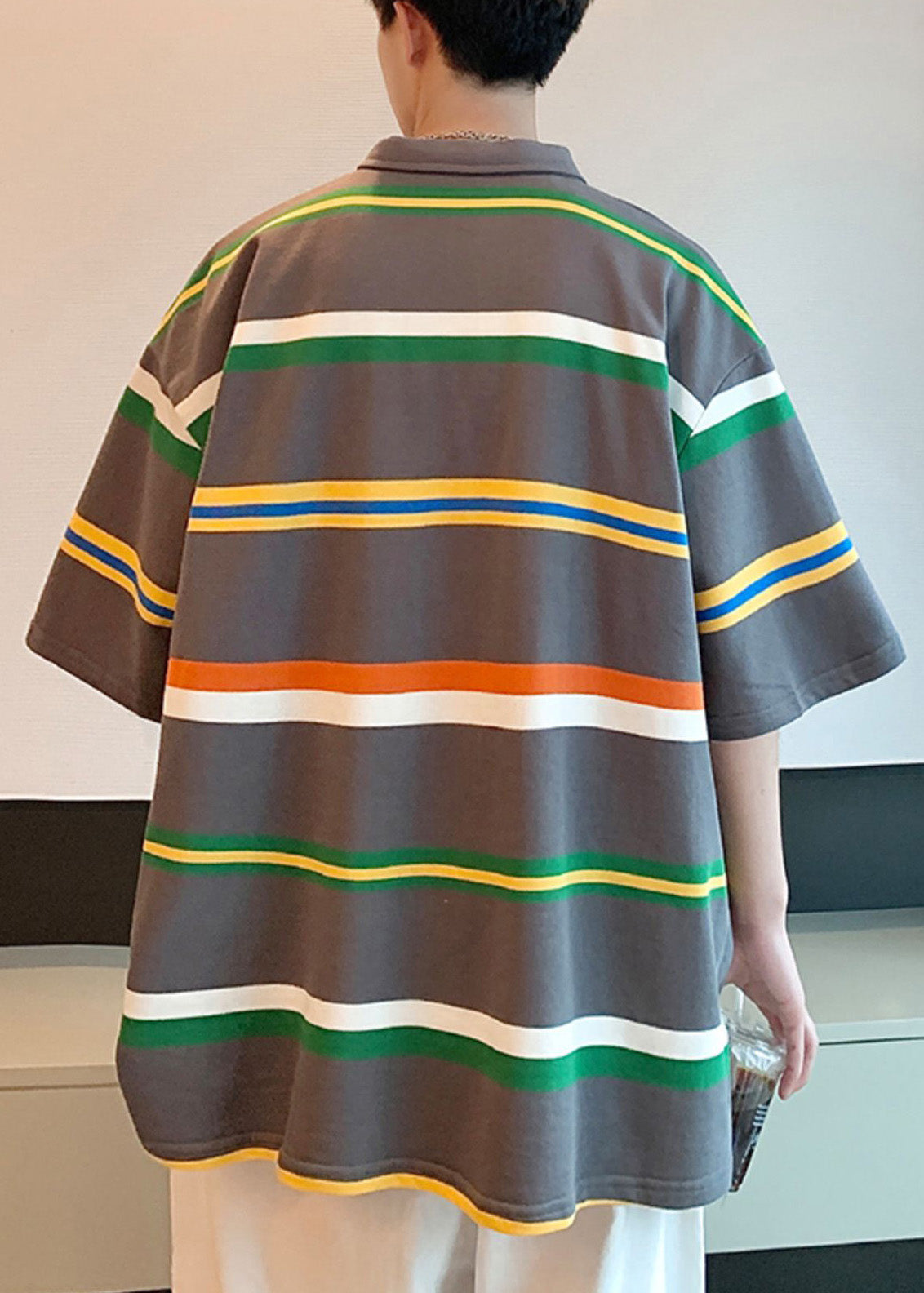 Lässiges dunkelgrau gestreiftes Polo-T-Shirt aus Baumwolle für Herren, Sommer, QH013