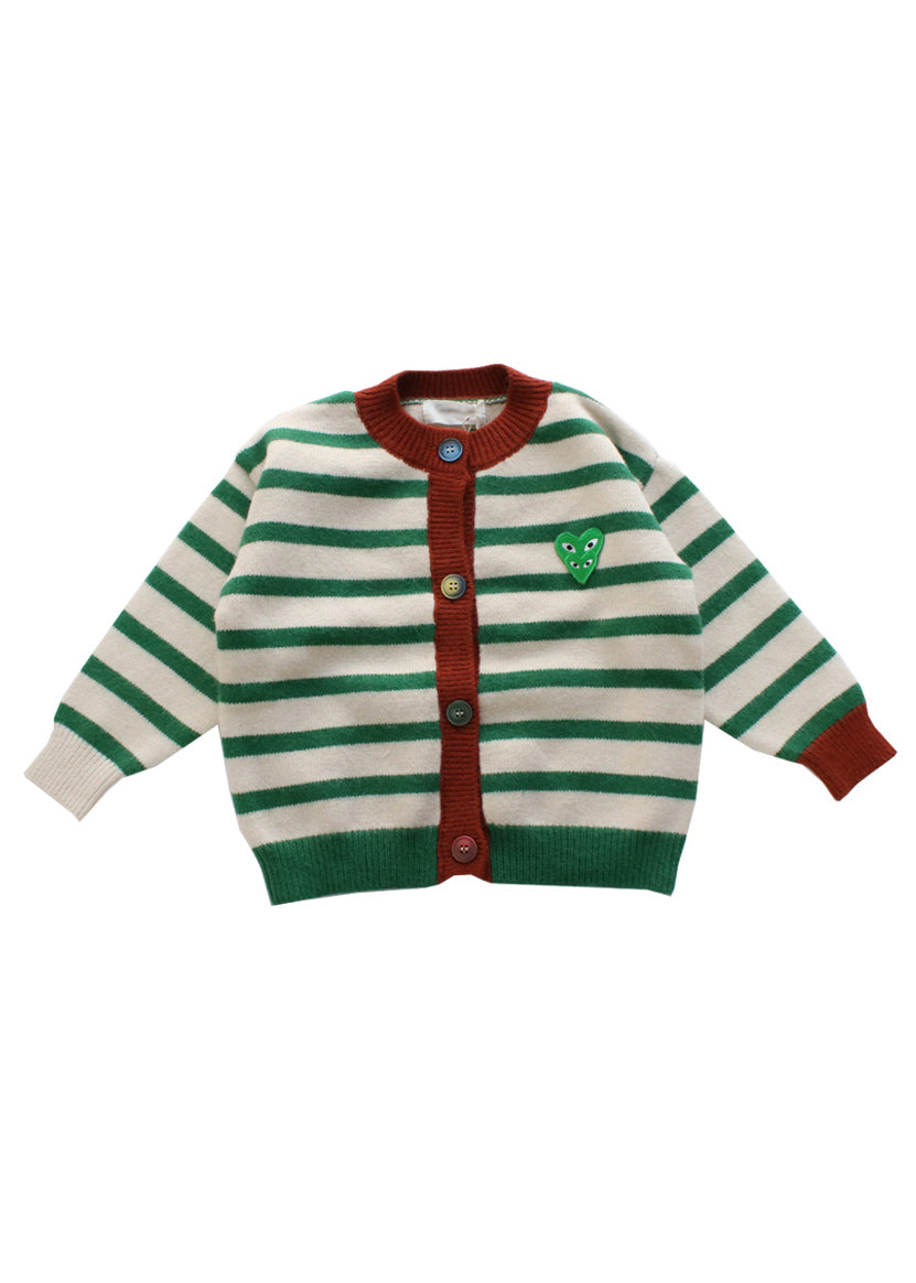 Lässige grüne Strickjacke mit Rundhalsausschnitt und Streifenmuster und Knopfleiste aus Baumwollstrick für Kinder im Winter WL035