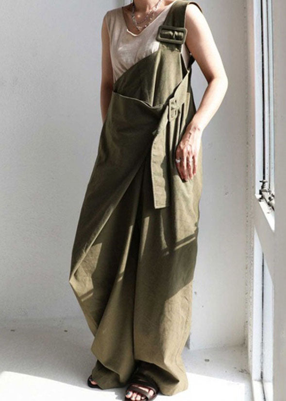 Lässiger grüner One-Shoulder-Taschen-Baumwoll-Träger-Jumpsuit Sommer TL030