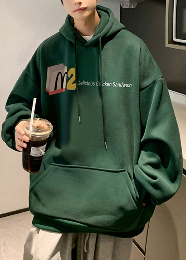 Lässiger grüner Kapuzenpullover mit Taschen aus Baumwolle und Grafik für Herren, Herbst, EQ013