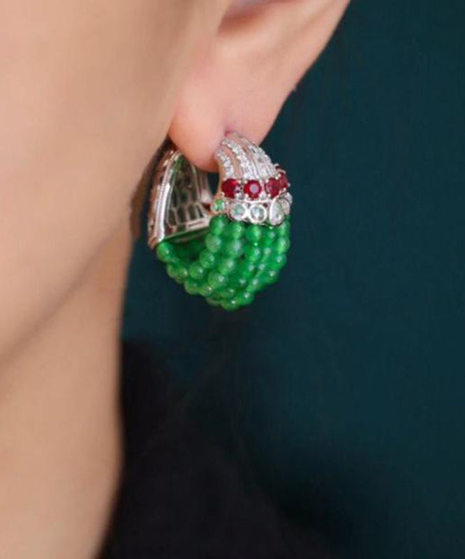 Boucles d'oreilles créoles décontractées en argent sterling vert avec perles RA017