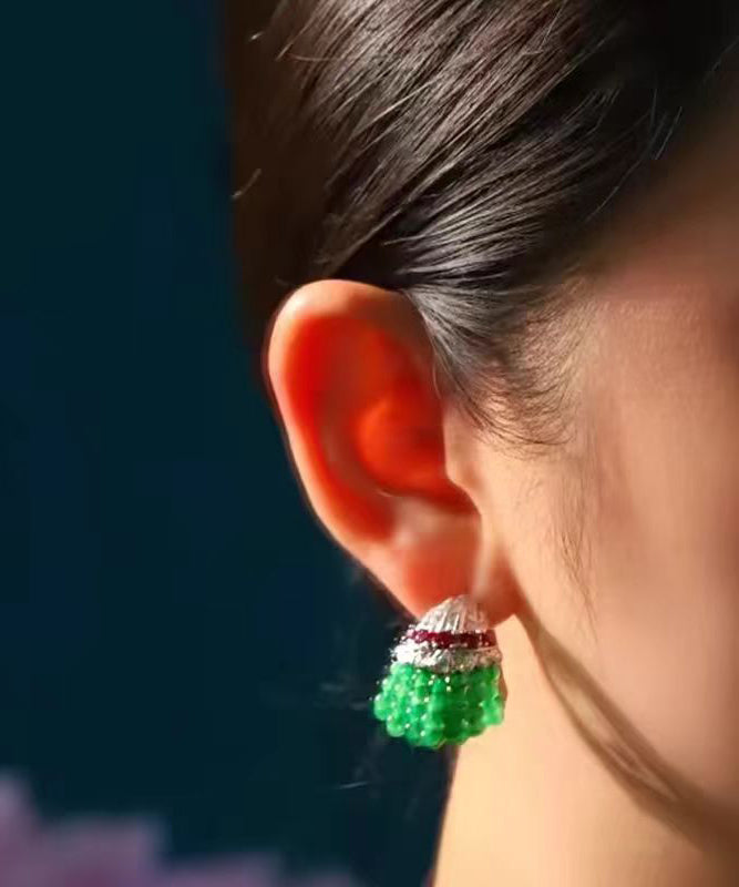 Boucles d'oreilles créoles décontractées en argent sterling vert avec perles RA017