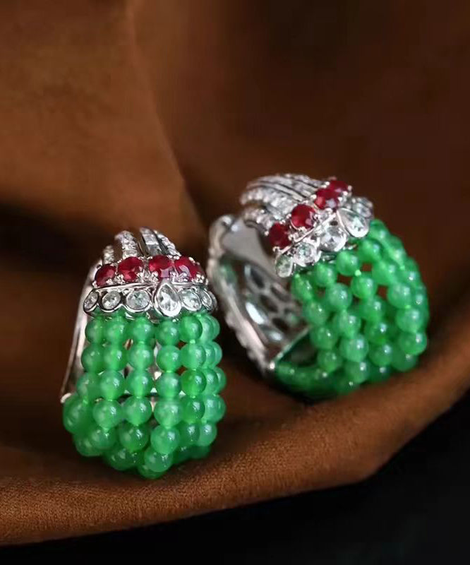 Boucles d'oreilles créoles décontractées en argent sterling vert avec perles RA017