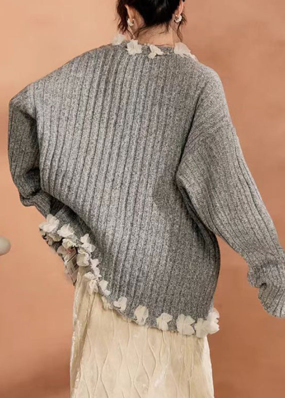 Cardigan décontracté en tricot de coton patchwork gris avec boutons en tulle et boutons pour l'hiver WN006