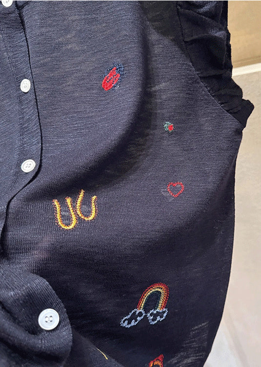 Button Vests Casual Cotton Grey Sleeveless Embroideried Down