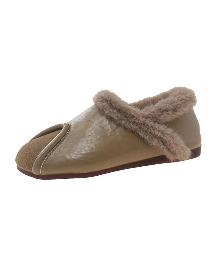 Lässige Khaki-Komfort-Spleißen-Plattfuß-Schuhe mit flauschigem Wollfutter TE021