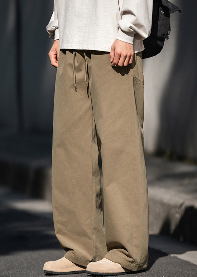 Pantalon large en coton brodé kaki pour homme, poches, style décontracté