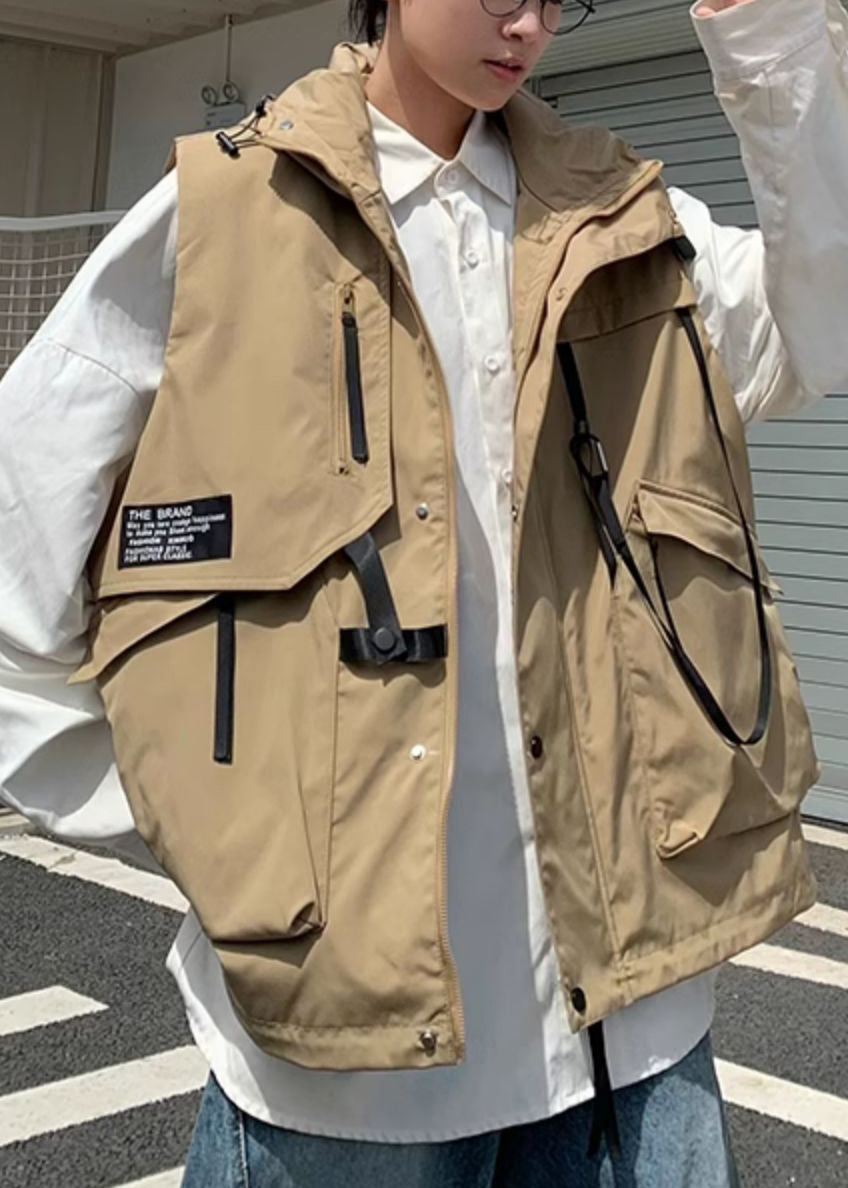 Lässige Khaki Kapuzentaschen Baumwolle Herren Weste Frühling RN007