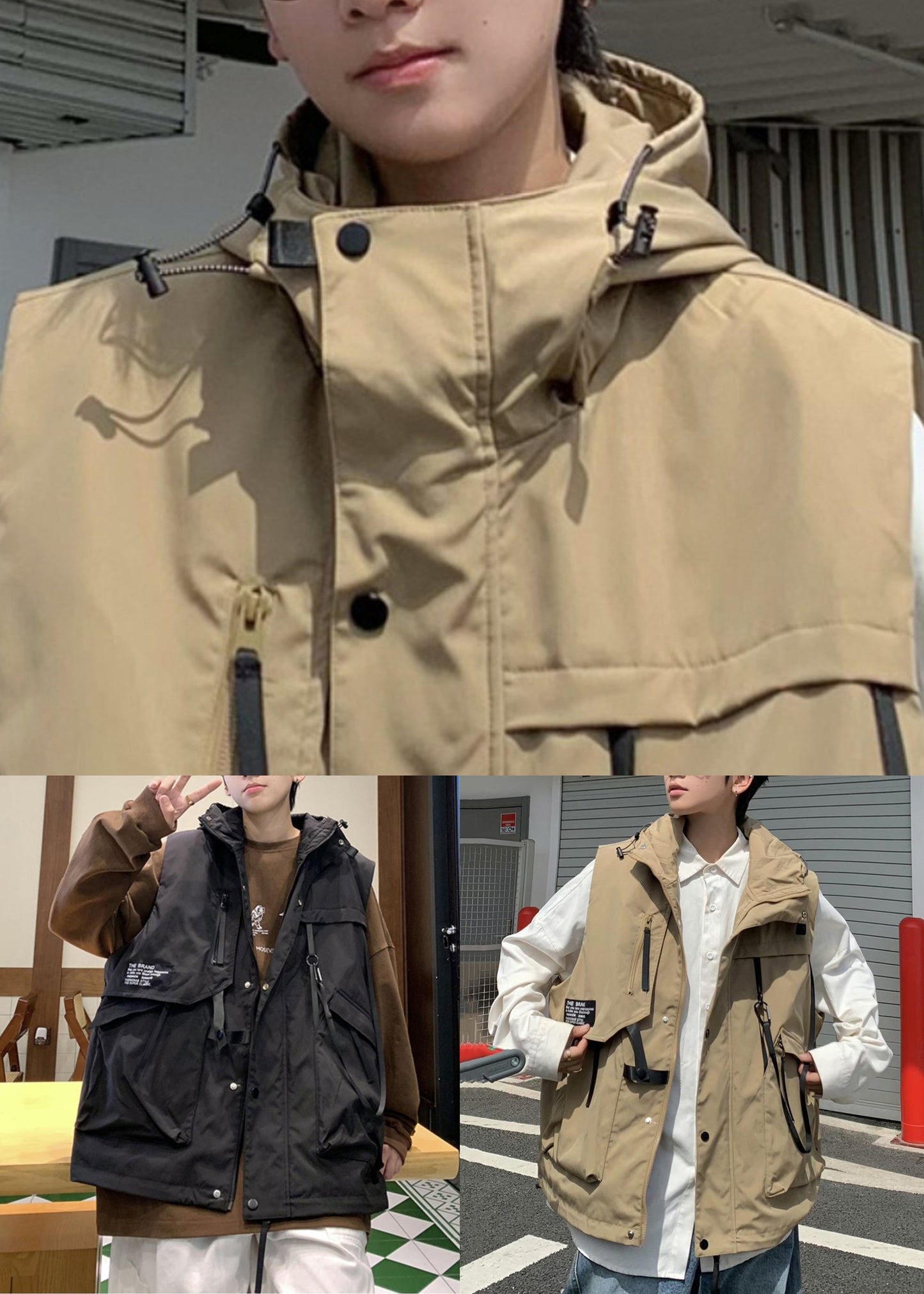 Lässige Khaki Kapuzentaschen Baumwolle Herren Weste Frühling RN007