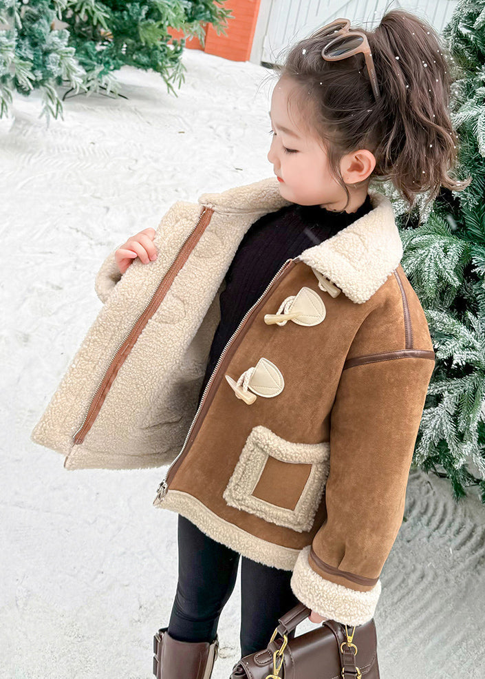 Casual Khaki Taschen Patchwork Dicke Warme Fuzzy Wolle Gefüttert Mädchen Mäntel WinterTG027