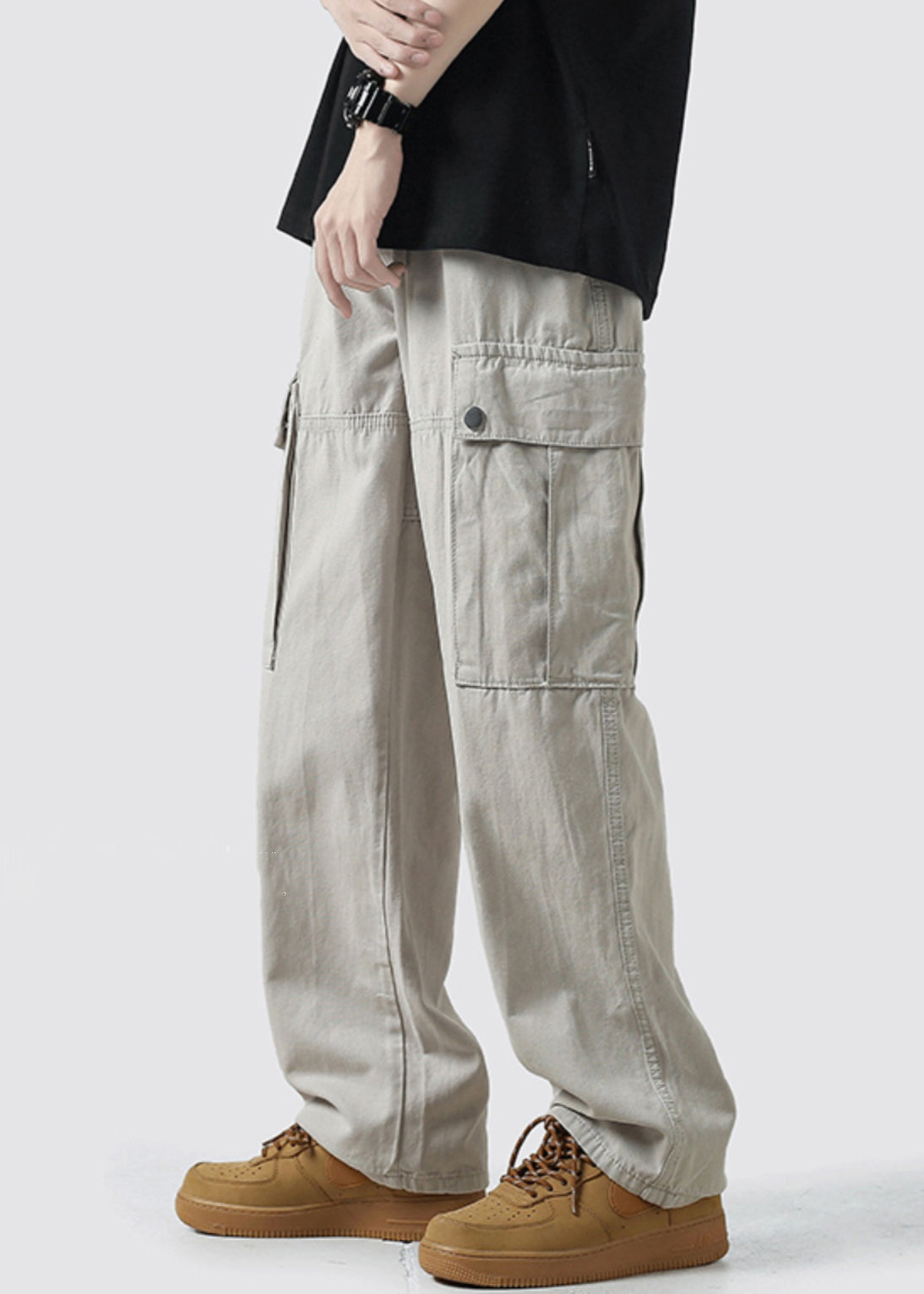 Pantalon court gris en coton léger décontracté pour homme avec poches hautes
