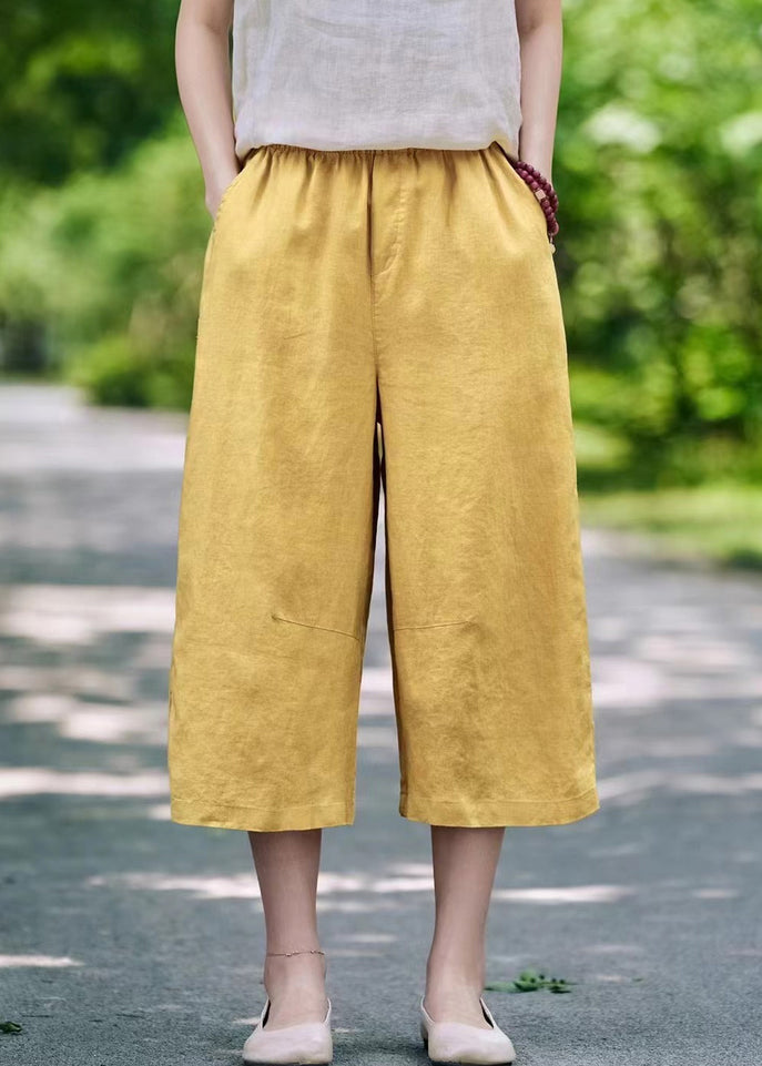 Pantalon court décontracté d'été à taille élastique et poches en lin