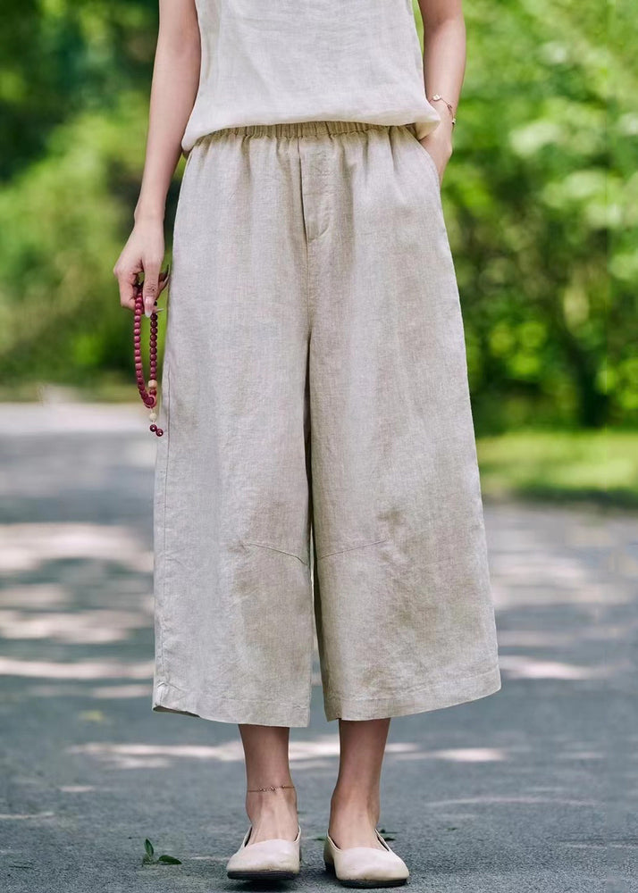 Pantalon court décontracté d'été à taille élastique et poches en lin