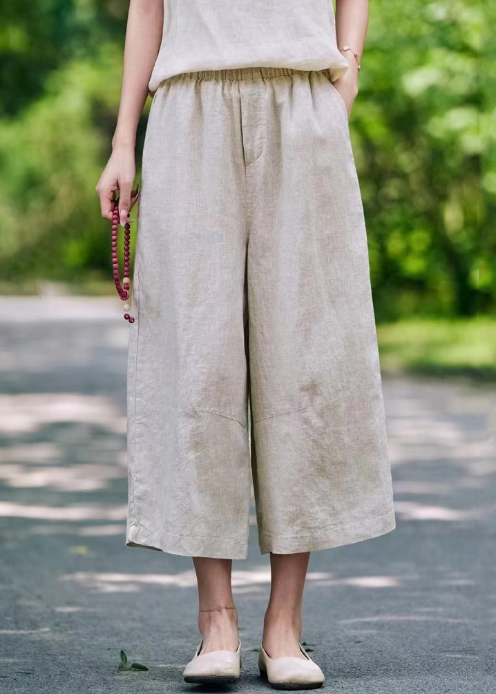 Pantalon d'été court élastique en lin avec poches