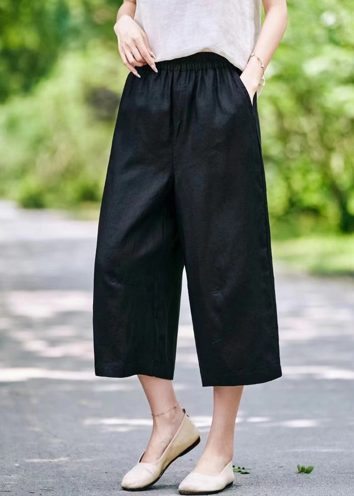 Pantalon d'été court élastique en lin avec poches