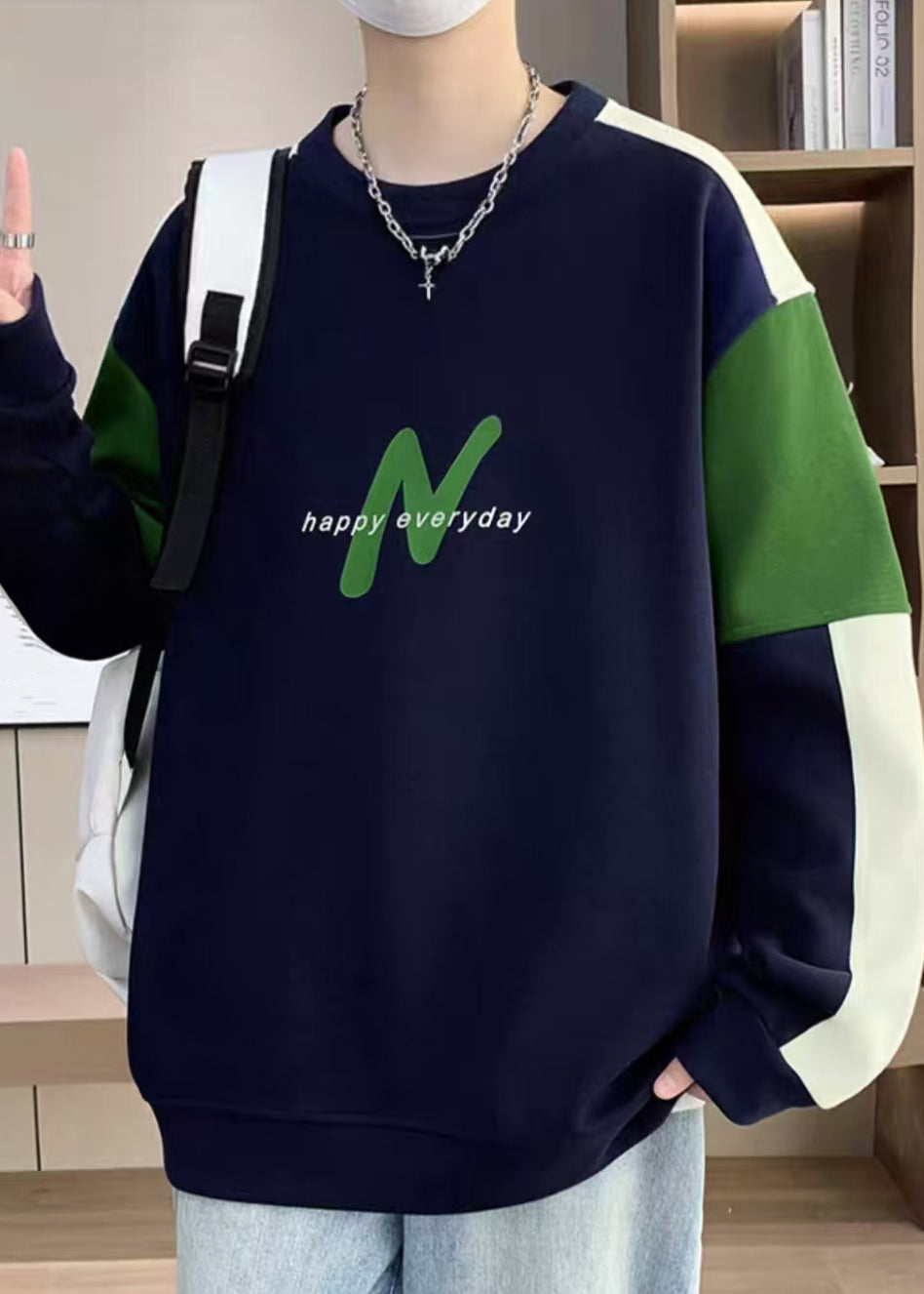 Sweat-shirt décontracté bleu marine à col rond et patchwork en polaire chaude pour homme, hiver RP061