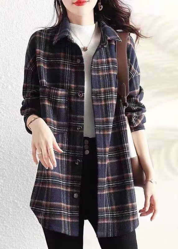 Chemise décontractée en coton à carreaux et col Peter Pan bleu marine, manteau printemps TI034