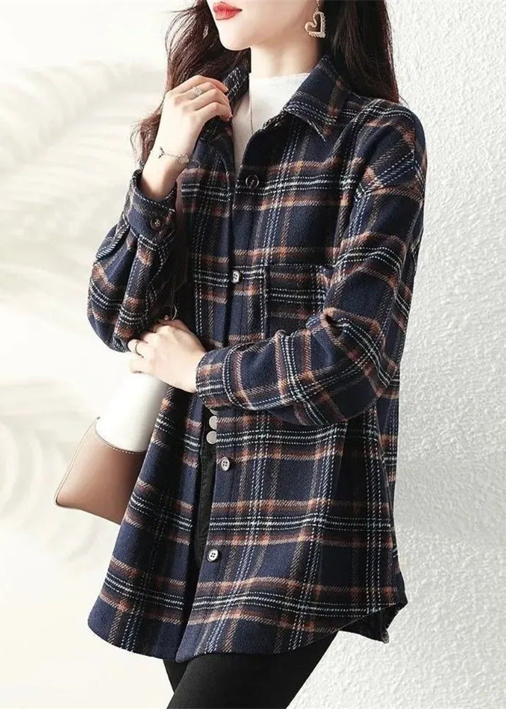 Chemise décontractée en coton à carreaux et col Peter Pan bleu marine, manteau printemps TI034