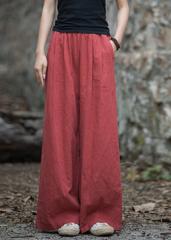 Casual Navy Pockets Elastic Waist Linen Wide Leg Pants Summer LK017