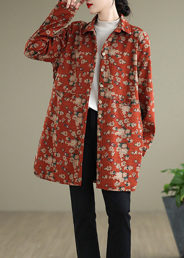 Lässiger oranger Peter-Pan-Kragen-Druck, warmer Fleece-Shirt-Mantel, Frühling, TI017