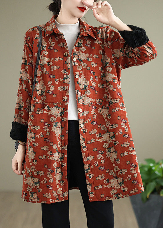 Lässiger oranger Peter-Pan-Kragen-Druck, warmer Fleece-Shirt-Mantel, Frühling, TI017