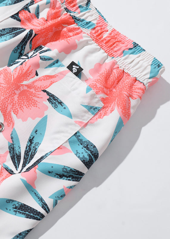 Waist Elastic Print Casual Summer Pockets Cotton Shorts Mens Pink