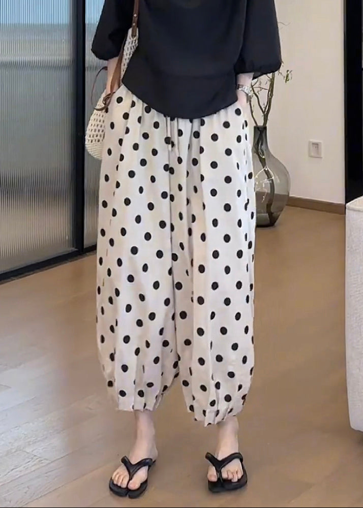 Pantalon élastique taille lanterne décontracté imprimé pois poches coton