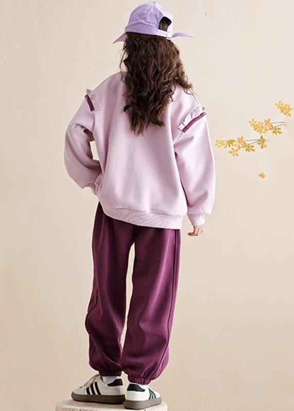 Ensemble deux pièces décontracté violet à volants pour enfants, sweat-shirt en polaire chaud et pantalon à volants, printemps TR010