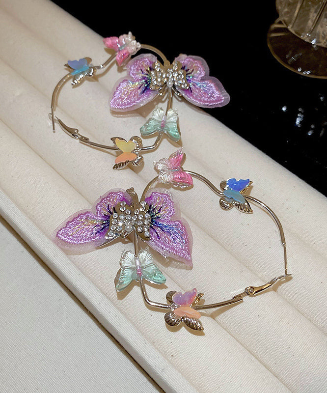 Boucles d'oreilles créoles décontractées en argent sterling violet avec motif papillon et zircon RA042