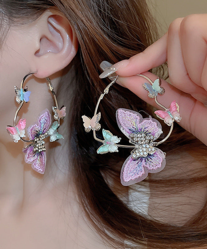 Boucles d'oreilles créoles décontractées en argent sterling violet avec motif papillon et zircon RA042