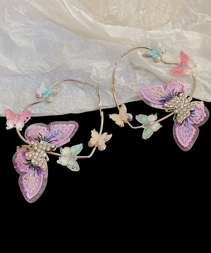 Boucles d'oreilles créoles décontractées en argent sterling violet avec motif papillon et zircon RA042