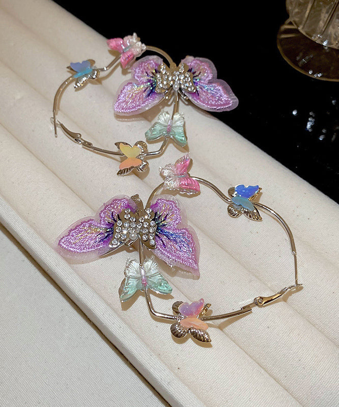 Boucles d'oreilles créoles décontractées en argent sterling violet avec motif papillon et zircon RA042