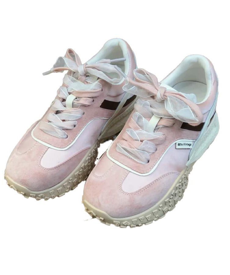 Casual Red Faux Leather Platform Flat Feet Shoes Splicing Lace Up YC032