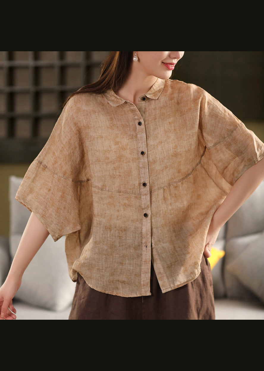 Casual Linen Peter Blouses Pan Summer Collar Red Patchwork
