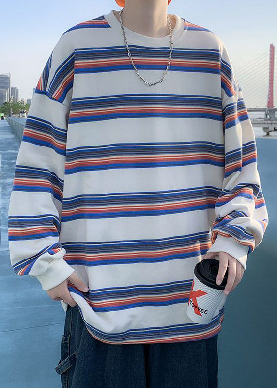 Shirt Casual Striped Men T O-Neck Spring Red Cotton