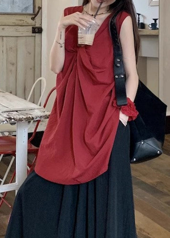 Red Wrinkled Neck Casual Sleeveless V Top