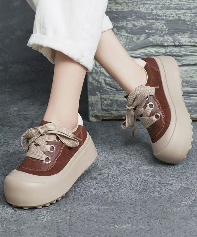 Casual Splicing Platform Flat Shoes Brown Cowhide Leather Lace Up YC019