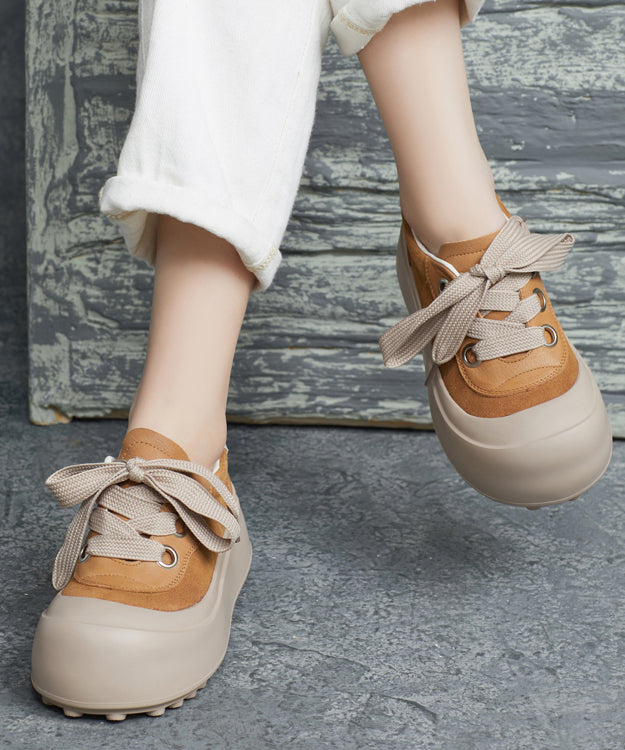 Casual Splicing Platform Flat Shoes Brown Cowhide Leather Lace Up YC019