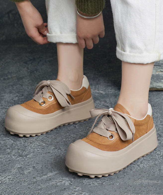 Casual Splicing Platform Flat Shoes Brown Cowhide Leather Lace Up YC019