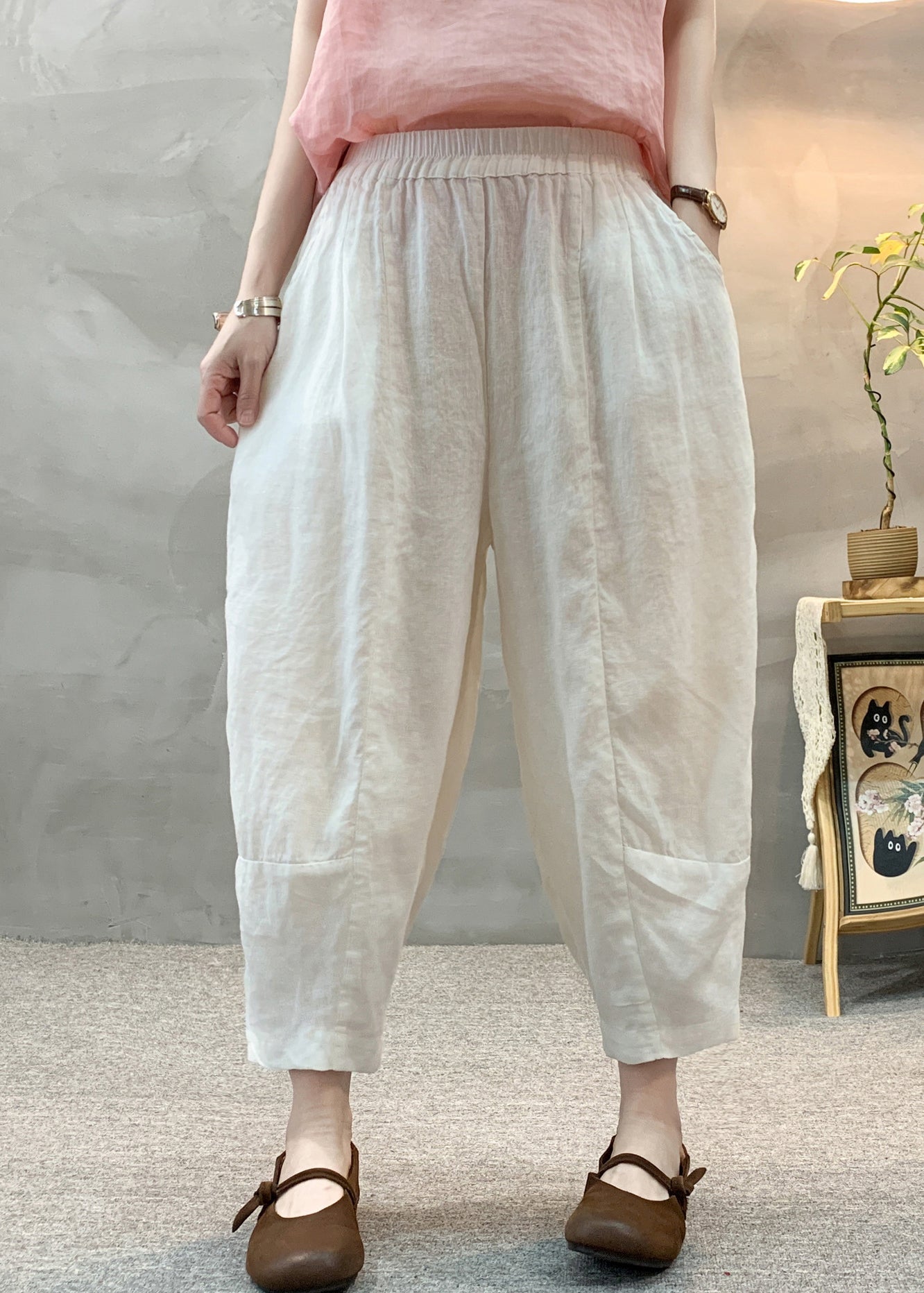 Pantalon d'été taille haute en lin blanc sarouel décontracté élastique