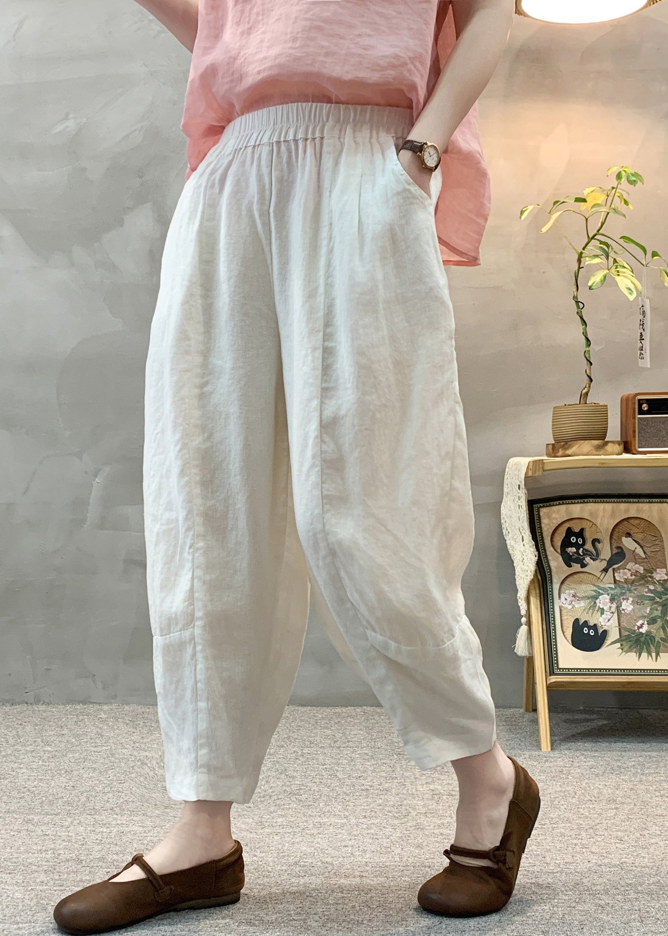 Pantalon d'été taille haute en lin blanc sarouel décontracté élastique
