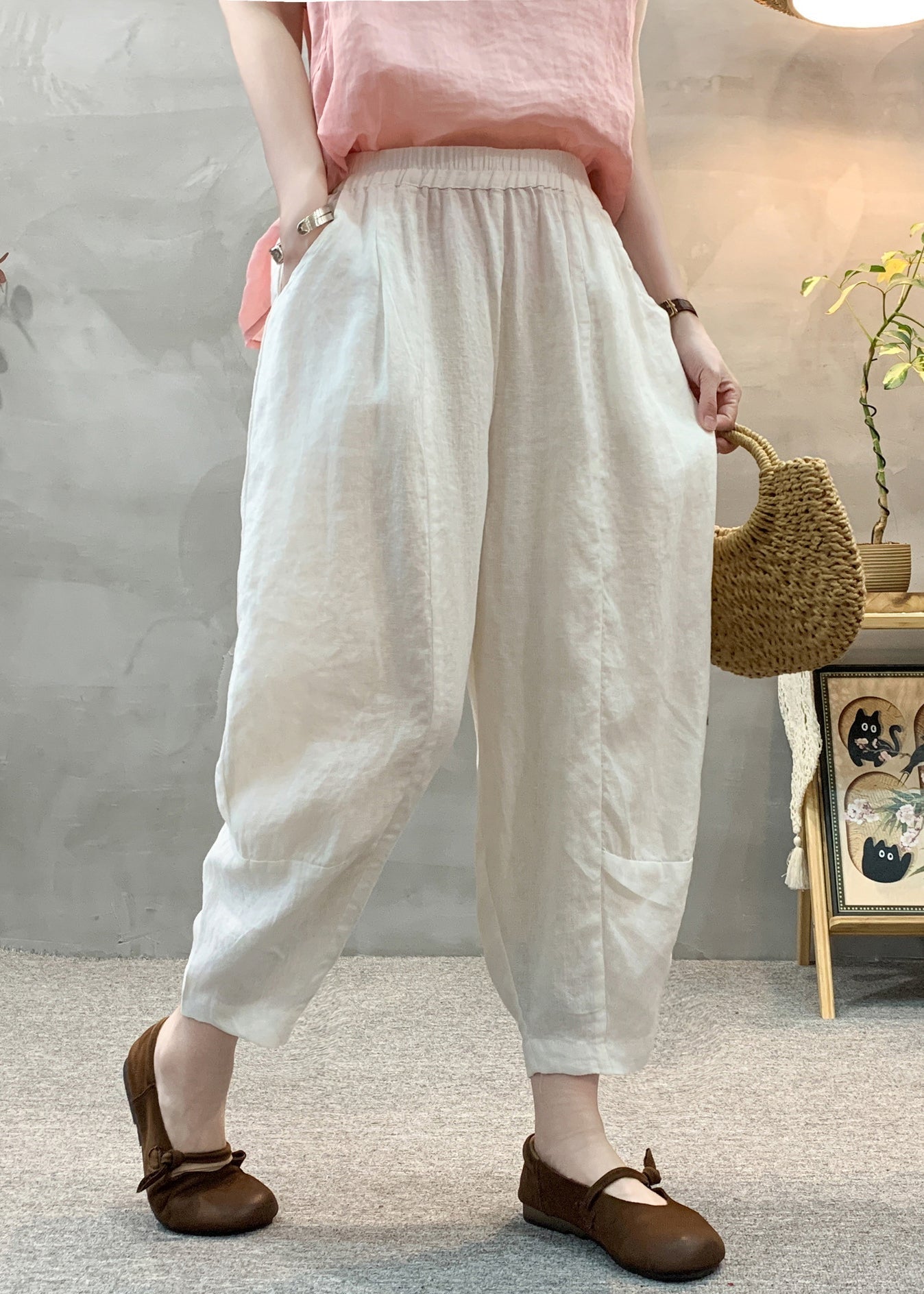 Pantalon d'été taille haute en lin blanc sarouel décontracté élastique