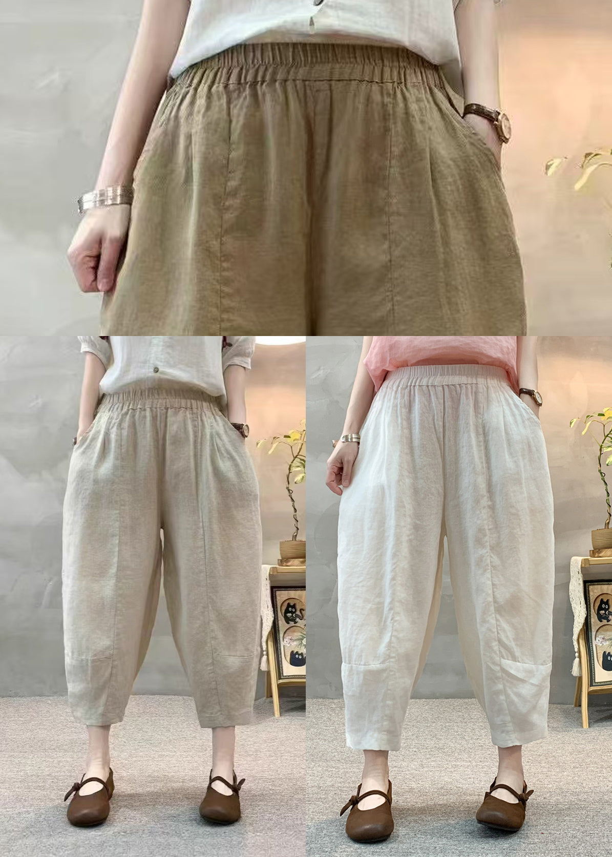 Pantalon d'été taille haute en lin blanc sarouel décontracté élastique