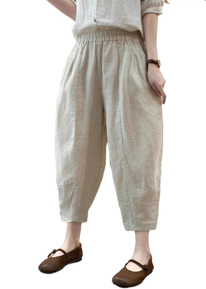 Pantalon d'été taille haute en lin blanc sarouel décontracté élastique