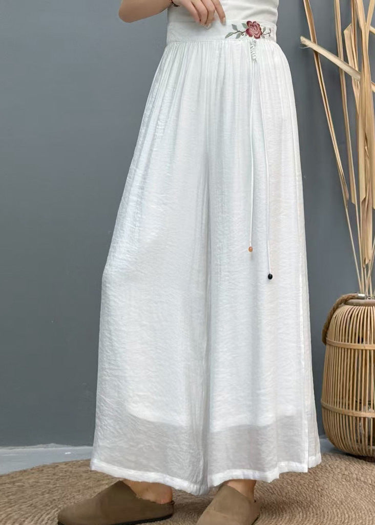 Pantalon d'été large brodé sur les côtés, jambe blanche, en lin, ouvert, décontracté
