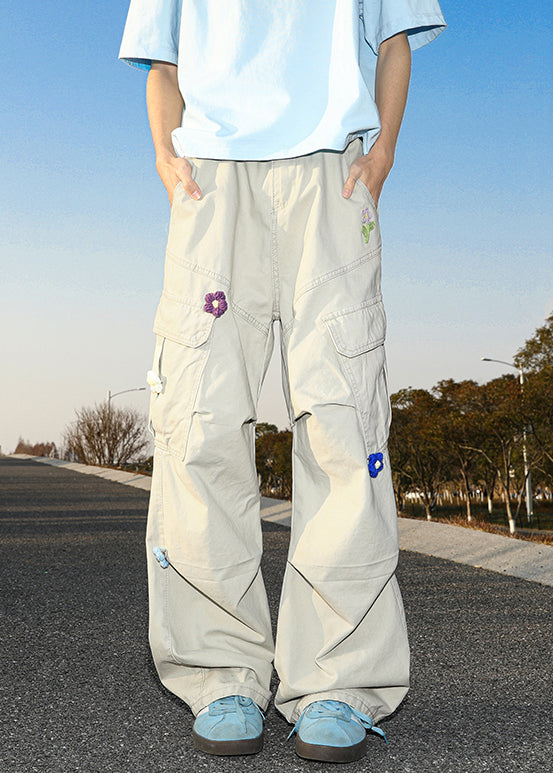 Pantalon d'été décontracté en coton blanc brodé avec poches pour homme