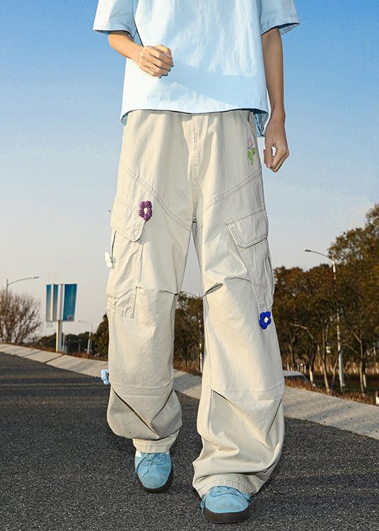 Pantalon d'été décontracté en coton blanc brodé avec poches pour homme