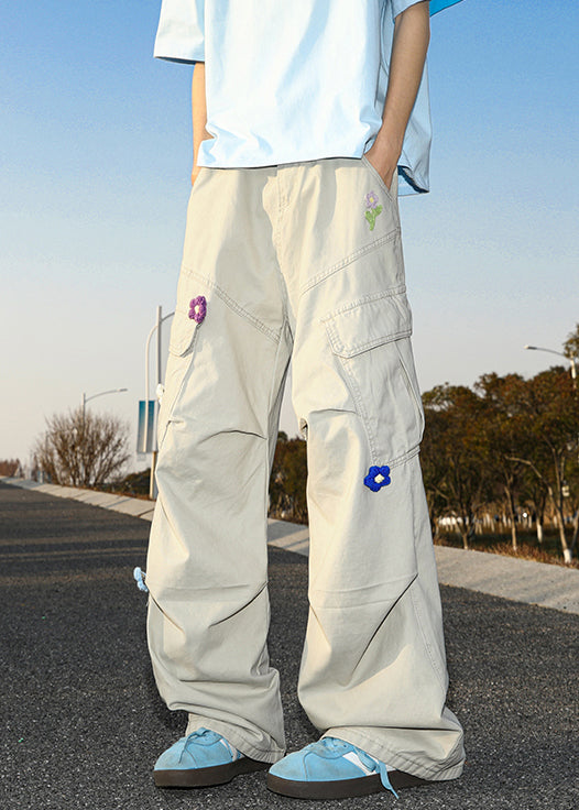 Pantalon d'été décontracté en coton blanc brodé avec poches pour homme