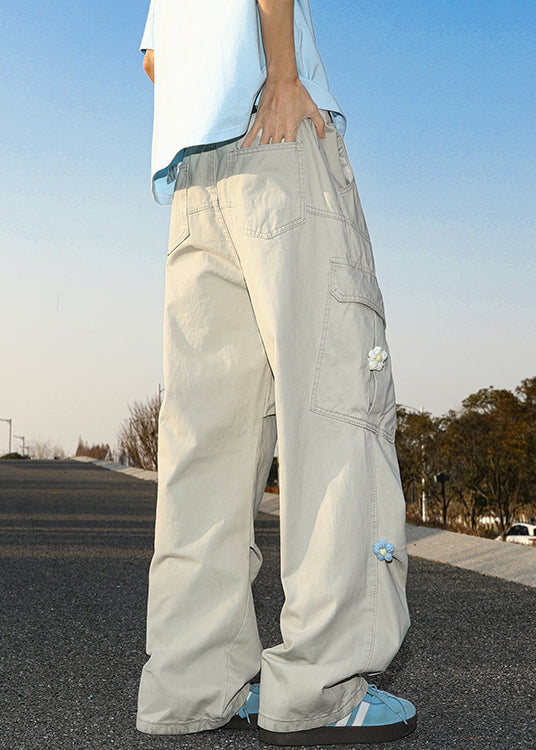 Pantalon d'été décontracté en coton blanc brodé avec poches pour homme